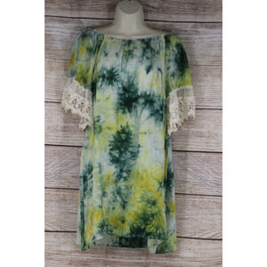 Umgee Womens Size Small Off The Shoulder Tie Dye Tunic Shirt Crochet Trim Green
